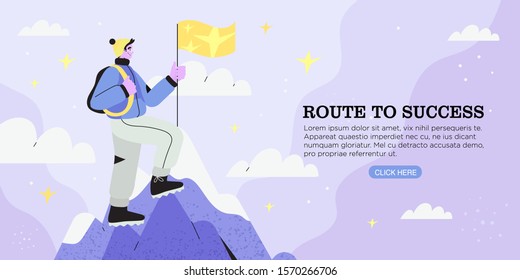 Vector illustration of a businessman conquering or climbing mountain peak and holding a flag. The concept of route or road to business success, reaching new hights, leadership or career achievements.