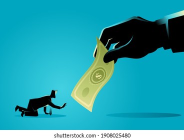 Vector illustration of businessman crawling and reaching out for a giant hand holding money