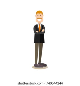 Vector illustration of businessman creative director standing with arms crossed. Creative team people flat style design element, icon isolated on white background.