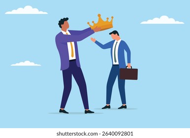 Vector illustration of a businessman crowning another businessman, symbolizing leadership, recognition, mentorship, and the passing of authority or honor in a professional setting
