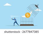 Vector illustration of a businessman cutting a cage with a sword to free a coin, symbolizing financial liberation, breaking money limits, freedom, and business success

