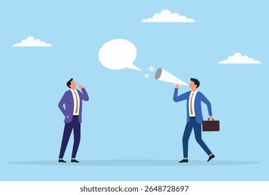 Vector illustration of a businessman delivering a message through a megaphone while another businessman listens, symbolizing business communication, leadership, and active listening
