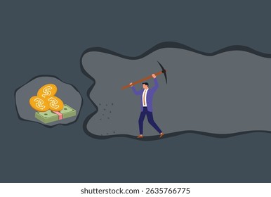 Ilustração vetorial de um empresário cavando com uma picareta em um túnel, a poucos centímetros de descobrir um tesouro escondido de dinheiro e moedas, simbolizando perseverança