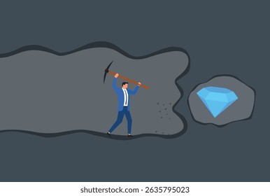 Ilustração vetorial de um homem de negócios cavando com uma picareta em um túnel a poucos centímetros de distância da descoberta de um diamante oculto, representando sucesso, perseverança e a força para nunca desistir