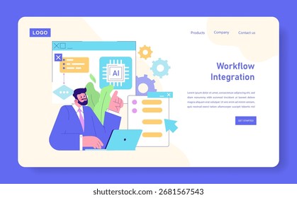 Vector illustration of a businessman discussing workflow integration powered by AI. The image shows a modern interface with charts and diagrams, emphasizing technological advancement.