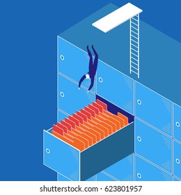 Vector illustration of businessman diving into the work. Busy and overworked man concept design element.