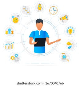 Imagen vectorial de un hombre de negocios haciendo trabajo multitarea en tableta. Actividades de planificación de proyectos. Trabajador independiente ocupado con multitarea. Concepto eficaz de gestión del tiempo. Iniciar nuevo negocio