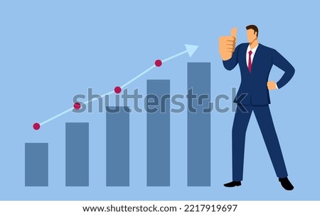 Vector illustration of businessman doing thumb up on increasing chart