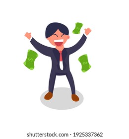 Vector illustration of a businessman with dollar bills flying around him. Good for business, finance, money content. Flat design, flat cartoon, flat character, isolated. 