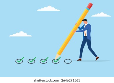 Ilustração vetorial de um empresário desenhando um sinal de aprovação com um lápis gigante, simbolizando validação, realização e o poder de autorizar ou afirmar resultados positivos
