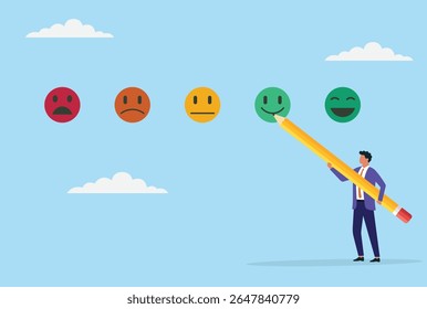 Vektorgrafik eines Geschäftsmanns, der ein Feedback-Emoji-Gesicht mit einem riesigen Bleistift zeichnet, das Kundenfeedback, Zufriedenheit und effektive Geschäftskommunikation darstellt
