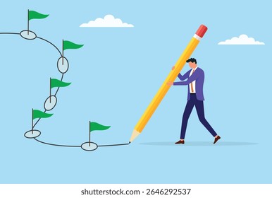 Vector illustration of a businessman drawing milestone flags, representing goal setting, strategic vision, and marking key achievements on the path to business growth and success
