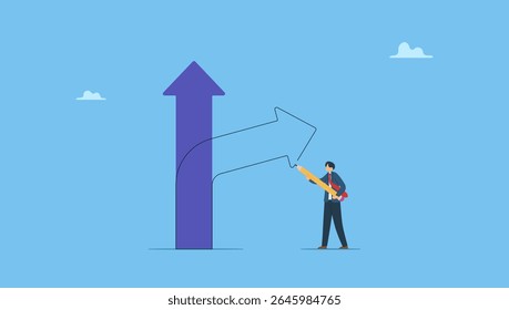 Vector illustration of businessman draws new arrow of change direction. Change to the other direction, business decision to change for better opportunity. Career path concept or market uncertainty.