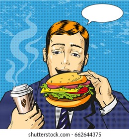 Vector illustration of businessman eating burger, thought bubble. Fast food template in retro pop art comic style.