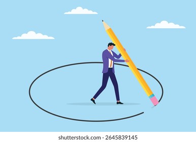 Vector illustration of a businessman erasing his own boundaries, symbolizing breaking limitations, self empowerment, personal transformation, and the pursuit of greater possibilities
