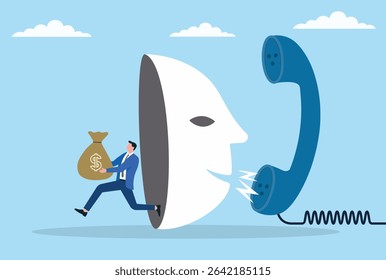 Vector illustration of a businessman escaping after swindling money through a fraudulent phone call, illustrating deceit, fraud, and the darker side of business practices
