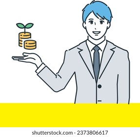 Vector illustration of a businessman explaining financial products with a smile. Palm, money.