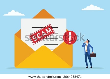Vector illustration of a businessman facing an envelope with a scam letter and alert icon, symbolizing email fraud detection, online scam awareness, and cybersecurity vigilance
