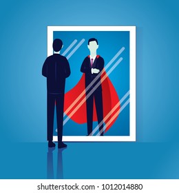 Vector Illustration Of Businessman Facing His Inner Super Strength In The Mirror. Self Confidence