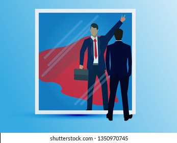 Vector illustration of businessman facing his inner super strength in the mirror. Self confidence