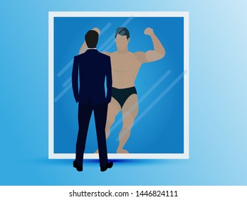 Vector illustration of businessman facing his inner super strength in the mirror. Self confidence. sportsman bodybuilder glyph on glass.