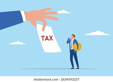 Vector illustration of a businessman facing a large hand holding tax documents, symbolizing financial pressure, tax obligations, and economic burden in a corporate environment
