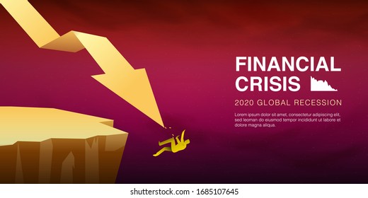 vectorial Ilustración del hombre de negocios cae sobre una flecha decreciente como signo de la crisis económica, impacto del brote de coronavirus. recesión global de los precios de las acciones cayó