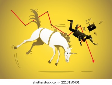 Vector illustration of a businessman fall from riding a unicorn. Crisis management