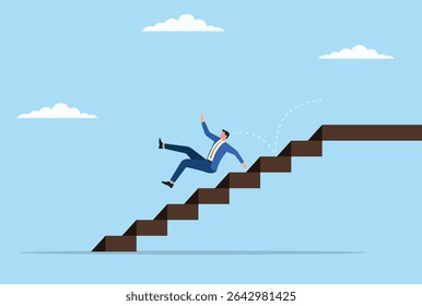 Ilustração vetorial de um homem de negócios caindo as escadas, simbolizando obstáculos inesperados, reveses repentinos e os desafios enfrentados na busca do sucesso na carreira
