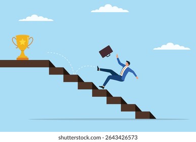 Ilustração vetorial de um homem de negócios caindo das escadas pouco antes de chegar ao troféu, representando as lutas e contratempos enfrentados no caminho para o sucesso
