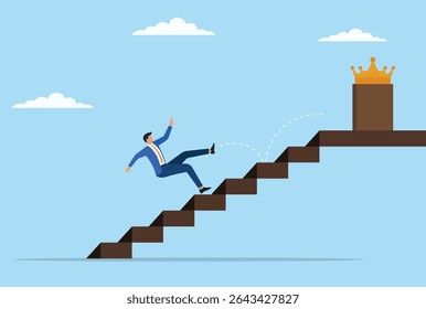 Vector illustration of a businessman falling down the stairs just before reaching the crown, symbolizing the unexpected setbacks and challenges faced on the road to achieving greatness
