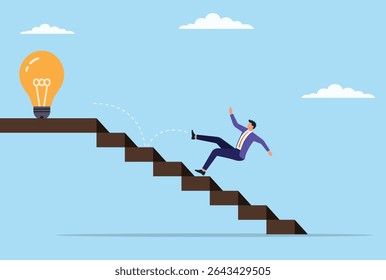 Vector illustration of a businessman falling down the stairs just before reaching the electric bulb, representing the challenges and setbacks faced before achieving a breakthrough idea
