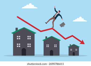 Vector illustration of a businessman falling from a downward arrow on a house rooftop, symbolizing real estate losses, market decline, financial risk, and business setbacks
