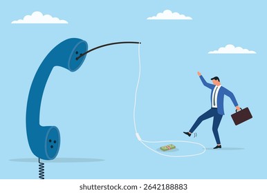 Vector illustration of a businessman falling for a fraudulent phone call, representing the dangers of deception, financial scams, and lack of awareness in the corporate world
