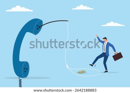 Vector illustration of a businessman falling for a fraudulent phone call, representing the dangers of deception, financial scams, and lack of awareness in the corporate world
