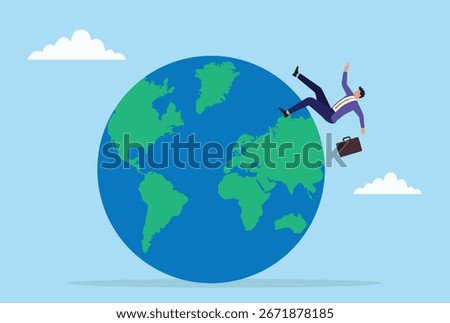 Vector illustration of a businessman falling from a globe, symbolizing risks, challenges, and the uncertainty faced in the global business world
