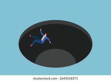 Ilustração vetorial de um homem de negócios caindo em um buraco, simbolizando reveses repentinos, obstáculos imprevistos ou os riscos de falha no mundo dos negócios
