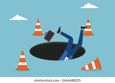 Ilustración vectorial de que un hombre de negocios caiga en un agujero oscuro, lo que representa reveses repentinos en los negocios, riesgos financieros, desafíos profesionales u obstáculos inesperados en la vida profesional
