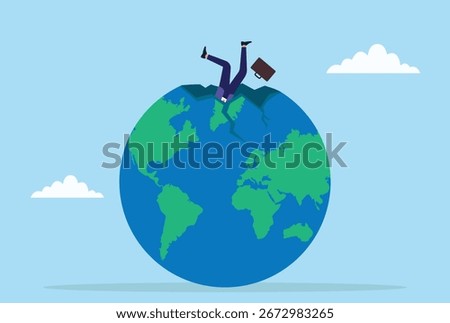 Vector illustration of a businessman falling into a broken globe, representing global challenges, setbacks, risks, failure, and the weight of international business struggles
