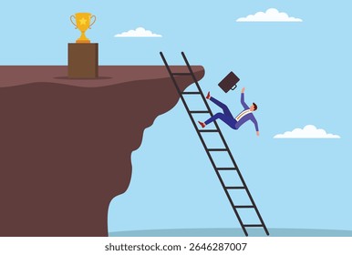 Vector illustration of a businessman falling from a ladder while climbing to the top of a mountain, symbolizing setbacks, risk, and challenges on the path to success
