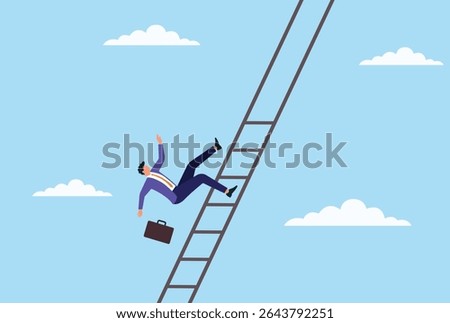 Vector illustration of a businessman falling from a ladder, representing career failure, risk, setbacks, or the challenges and instability in the climb toward success
