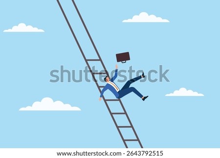 Vector illustration of a businessman falling from a ladder, representing career failure, risk, setbacks, or the challenges and instability in the climb toward success
