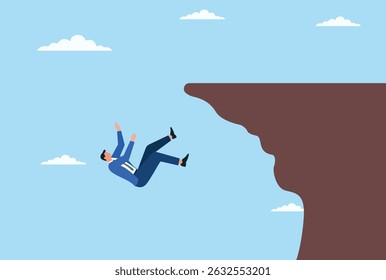 Ilustração vetorial de um homem de negócios caindo de um penhasco, simbolizando a difícil luta e os reveses no caminho para o sucesso
