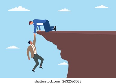 Ilustração vetorial de um homem de negócios caindo de um penhasco, enquanto outro homem de negócios tenta desesperadamente salvá-lo, o que é uma poderosa metáfora para o risco, resgate e trabalho em equipe no mundo corporativo
