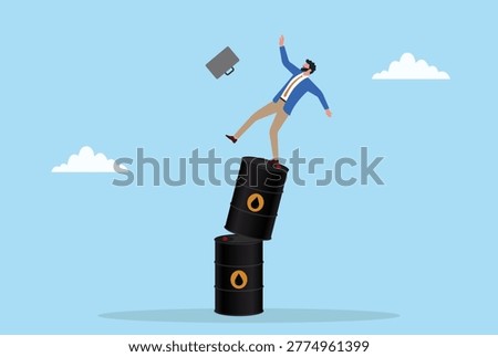 Vector illustration of a businessman falling from an oil drum symbolizing instability, risk, and uncertainty in the global oil market and energy industry fluctuations
