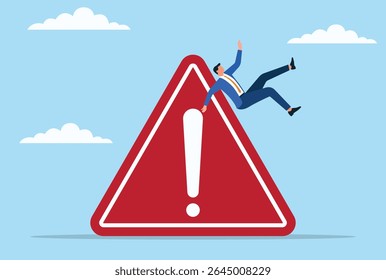 Vector illustration of a businessman falling from a warning icon, symbolizing business risks, financial danger, warning signs, and challenges in the corporate world
