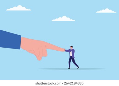 Vector illustration of a businessman fighting against a giant hand, symbolizing the struggle against overwhelming challenges, control, or external pressures in the corporate world
