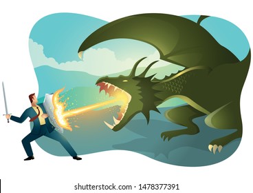 Vector illustration of a businessman fighting a dragon. Risk, courage, leadership in business concept.