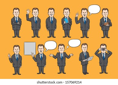 Vector illustration of businessman figures dressed in suit collection. Easy-edit layered vector EPS10 file scalable to any size without quality loss. High resolution raster JPG file is included.