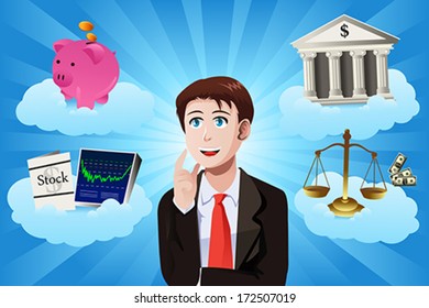 A vector illustration of businessman with financial items concept